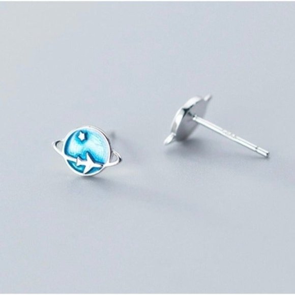 S925 planet Earth Star Studs Earrings-Blue Earrings- SS020 - Picture 7 of 9